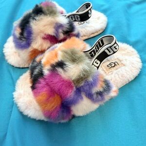 UGG Colorful Fluffy Slippers with Black Strap